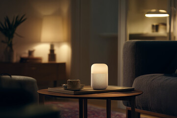 Smart home: asistente de voz y lámparas conectadas en sala moderna cálida