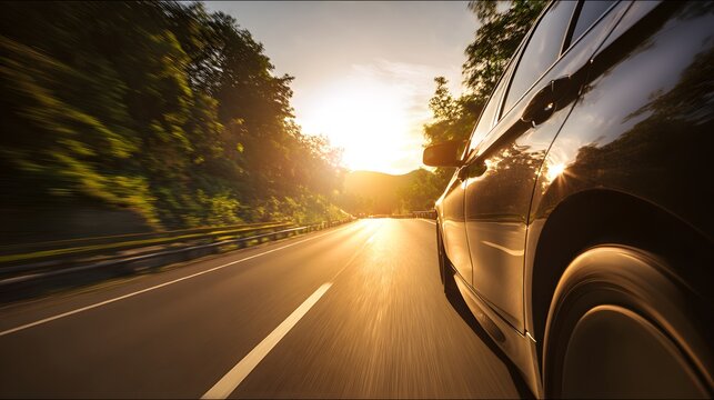 A car speeds down a sunlit highway, capturing the essence of freedom and motion.