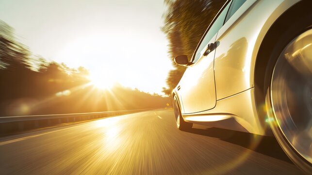 A car speeds down a sunlit highway, capturing the essence of freedom and motion.