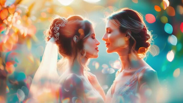 A loving lesbian couple sharing a romantic wedding kiss to celebrate their love and commitment to each other. The tender moment captures the joy and happiness of their special day.