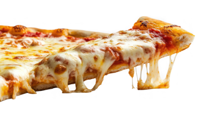 Delicious slice of pizza with melting cheese, tomato sauce, and crust on transparent background