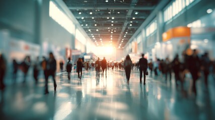 Blurred motion of business professionals walking through modern convention hall corridor with glass walls, corporate event atmosphere, networking and conference background