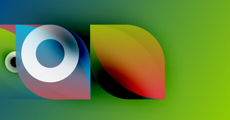 Abstract shapes overlap, creating vibrant color blends. Green background dominates composition, offering visual contrast.