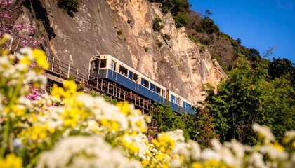 Fototapeta premium Mountain train winding through a vibrant flower garden.