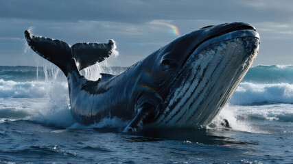 Fototapeta premium A humpback whale breaches the ocean surface, showcasing its massive size and dynamic movement.