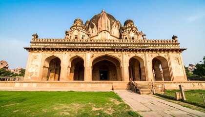 Fototapeta premium Exterior view of a historic sandstone building with arches and a dome.