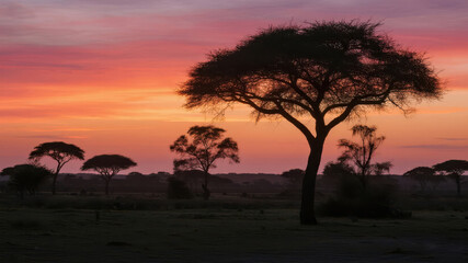 Silhouetted Acacia Trees Against a Vibrant Sunset Sky