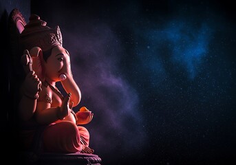 Ganesha statue, illuminated with vibrant colors and dramatic lighting.