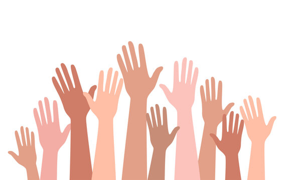 Closeup of multiracial hands raise up in air. Diverse interracial people palms rise up volunteer or vote. Vector illustration.