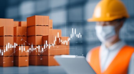 logistics manager checking cargo manifests, warehouse with stacked containers, financial charts overlay