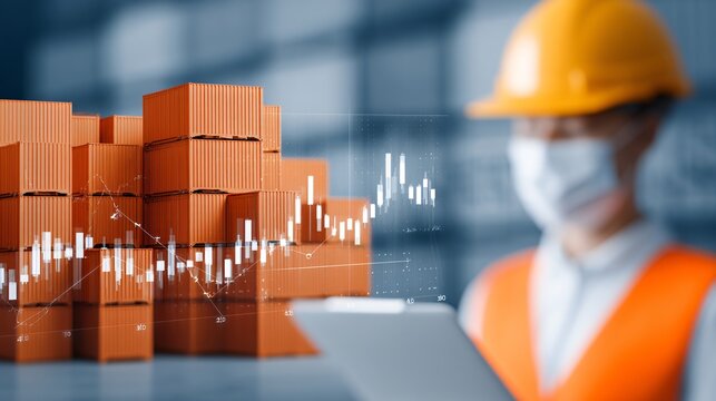 logistics manager checking cargo manifests, warehouse with stacked containers, financial charts overlay