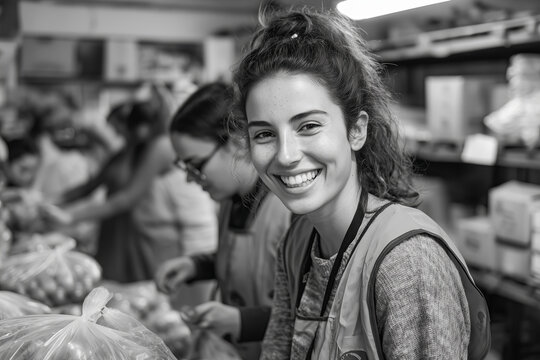 Voluntariado entregando alimentos, sonrisas genuinas, narrativa positiva