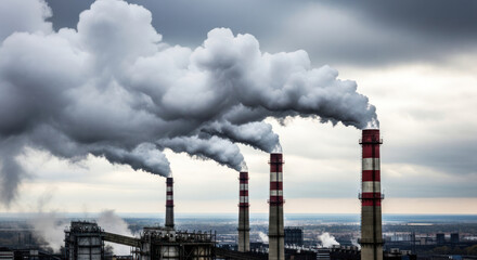 Four tall, red and white striped chimneys emitting smoke against a cloudy sky.