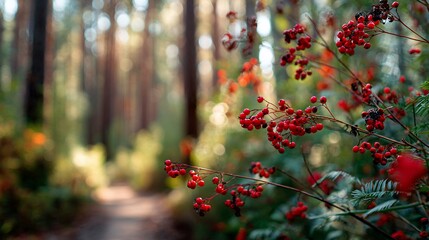 Clusters of vibrant red berries on branches, bathed in sunlight, fill the foreground of a forest scene.  A path winds through the background, blurred by shallow depth of field