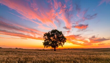 A solitary tree stands sentinel against a vibrant sunset over a golden field.
