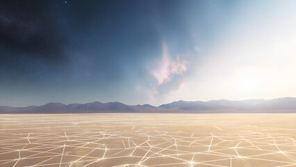 A cracked desert basin with grid lines, representing sudden ecological collapse.