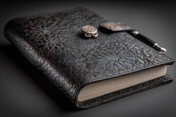 Dark leather journal with embossed floral design and pen