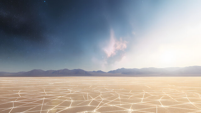 A cracked desert basin with grid lines, representing sudden ecological collapse.