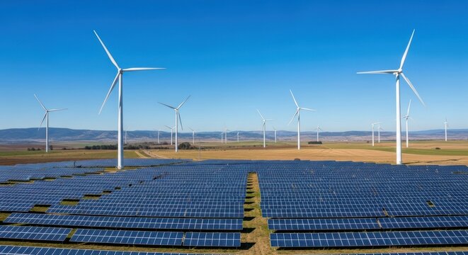 A large solar panel array with wind turbines in the background.