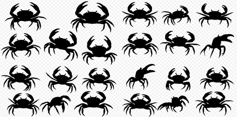 A collection of black crab silhouettes in various dynamic poses, isolated on a transparent background.