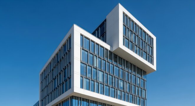 A modern office building with a sleek, angular design and large glass windows against a clear blue sky.