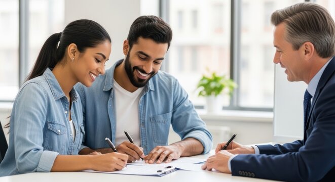 A couple signing a document in an office setting.