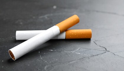 Two cigarettes resting on a dark surface.