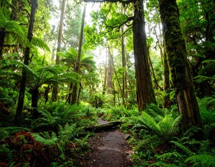 Fototapeta premium Lush temperate rainforest scene, featuring giant trees and vivid green ferns