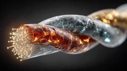 Close-up of a twisted optical fiber cable with glowing cores