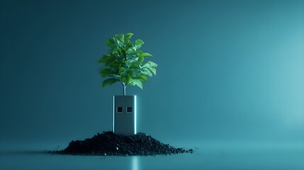 Sustainable Tech Growth: Green Plant Sprouting from Digital Device on Soil, Eco-Friendly Innovation Concept