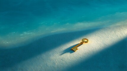 Golden Key on Sunlit Beach Sand by Calm Turquoise Ocean Shoreline with Sunlight and Shadows