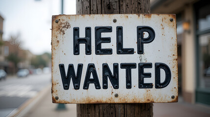 "Help Wanted Sign on Street: A weathered "Help Wanted" sign nailed to a wooden post, a clear message of job opportunities.