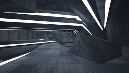 Dark, futuristic concrete interior design with illuminated structural elements.