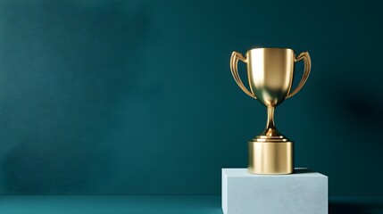 Elegant Golden Award Trophy on Light Pedestal Against Deep Teal Background for Success and Achievement Concept