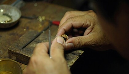Skilled hands meticulously crafting a gold ring.