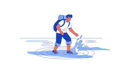 Adventurous Traveler Crossing Water With Backpack Illustration Design Template