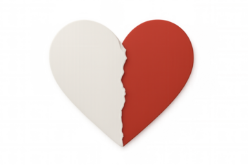 Ripped paper heart divided, revealing red and white sections, symbolizing relationship fracture against transparent backdrop for seamless design integration
