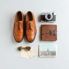 Travel-themed flatlay with shoes, camera, journal, sunglasses, and postcards