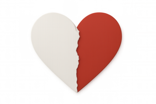 Ripped paper heart divided, revealing red and white sections, symbolizing relationship fracture against transparent backdrop for seamless design integration - Powered by Adobe