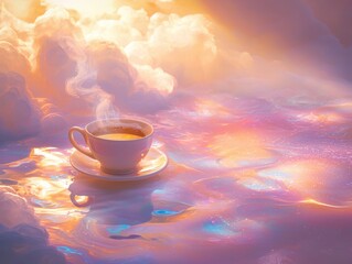 A steaming cup of coffee floats on a dreamy, colorful surface among ethereal clouds.