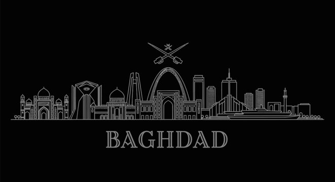 Baghdad Skyline Outline with Iraq, and Cityscape.