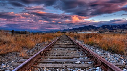 Fototapeta premium Rustic train tracks lead into a colorful sunset