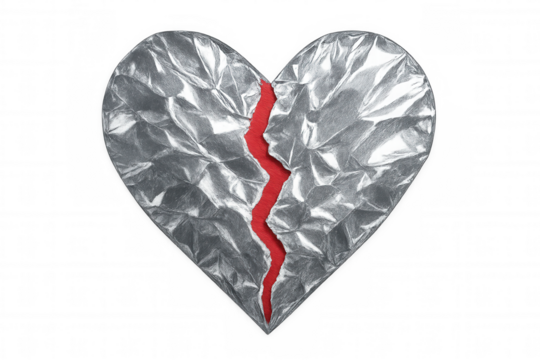 Crumpled silver heart symbolizing heartbreak, separation, resting against vibrant red background, expressing raw emotional suffering and relationship distress