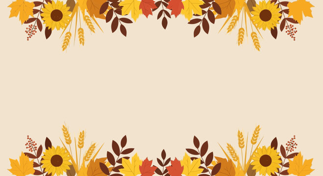 Autumnal Floral Frame With Sunflowers Leaves And Wheat Ready For Your Text