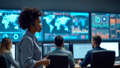 Young woman with a digital tablet watching a montage of business people working together in an office.