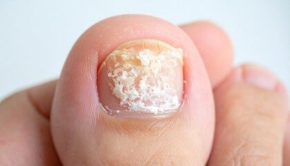 Close-up view of a toe nail with a fungal infection.