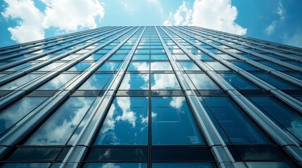 Blue glass building  business centre sky reflects off a contemporary glass skyscraper facade in the city.