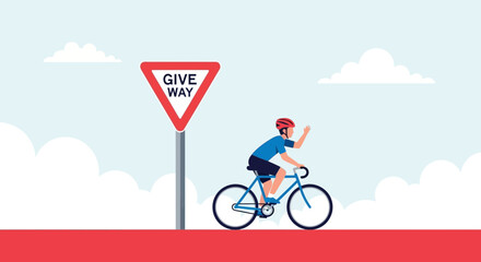 Fototapeta premium Bicycle Ride On The Road With Cautionary Sign Under The Blue Sky