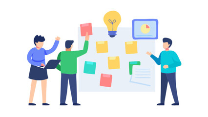 Fototapeta premium Team brainstorming with sticky notes and light bulb idea on a white board in a business setting