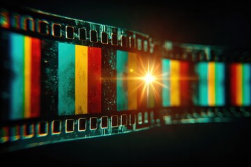 Vintage film strip, vibrant colors, dark background, cinematic
